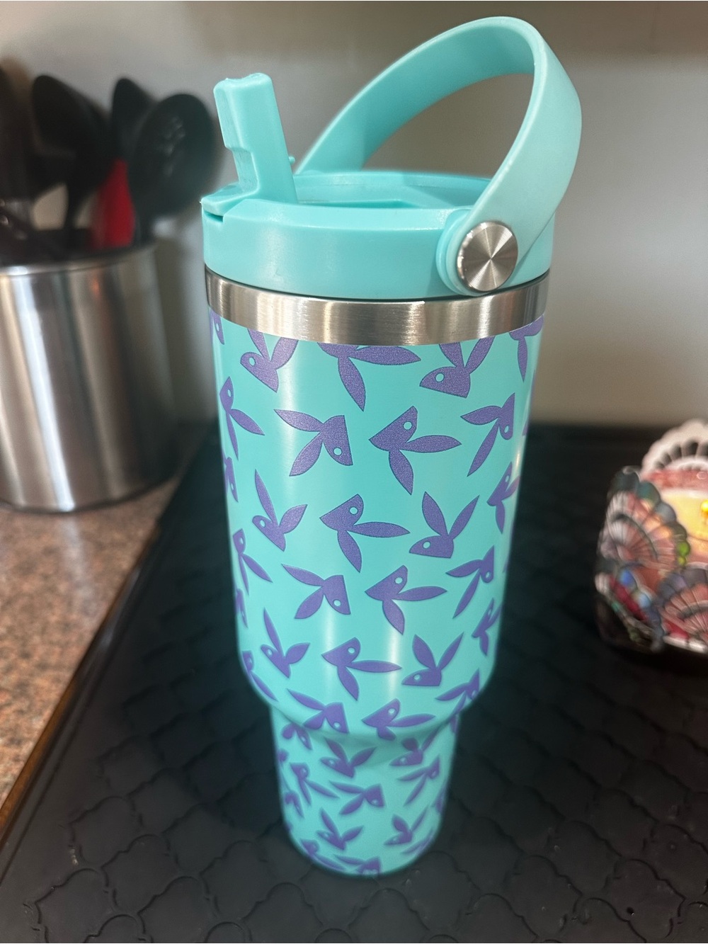 PLAYBOY Aqua Travel Tumbler with Purple Bunny Pattern